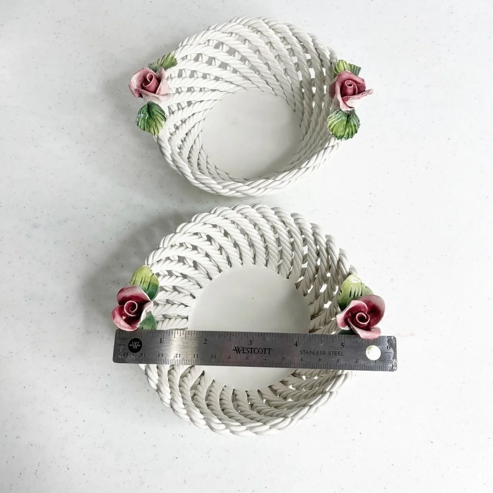 Made in Italy Italian 2 small porcelain woven baskets with flowers atop baskets